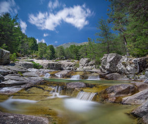 Scenic view of waterfall against sky