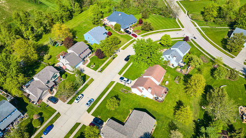 High angle view of buildings in town