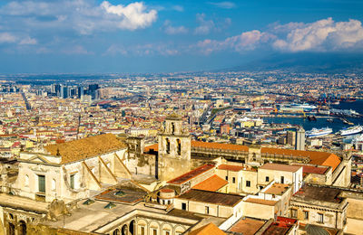 High angle shot of townscape against sky