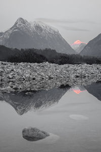 Scenic view of lake by snowcapped mountains against sky