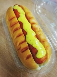 Close-up of hot dog on table