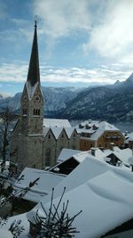 High angle view of village during winter