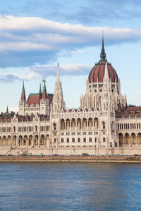 Hungarian parliament building by river against cloudy sky