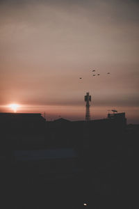 Silhouette birds flying against sky during sunset