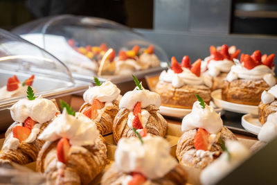 Close-up of strawberry dessert on table
