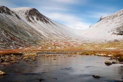 Scenic view of lake by mountains against sky