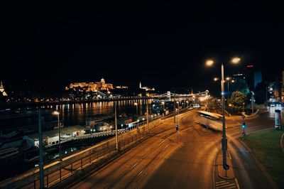 High angle view of illuminated city at night