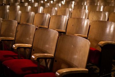 Full frame shot of empty chairs in auditorium