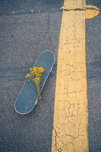 High angle view of skateboard with flowers on road