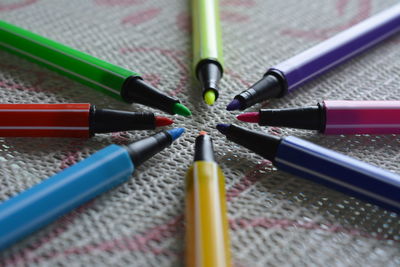 High angle view of multi colored pencils on table