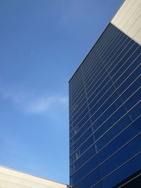 Low angle view of modern building against clear blue sky