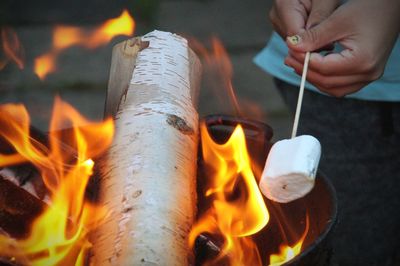 Midsection of woman holding marshmallow in bonfire