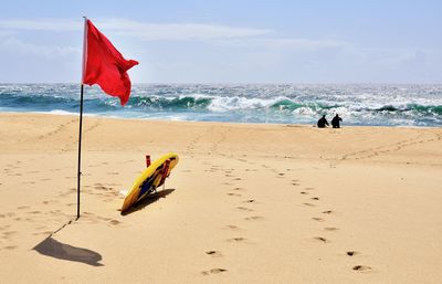 Flag on beach against sky