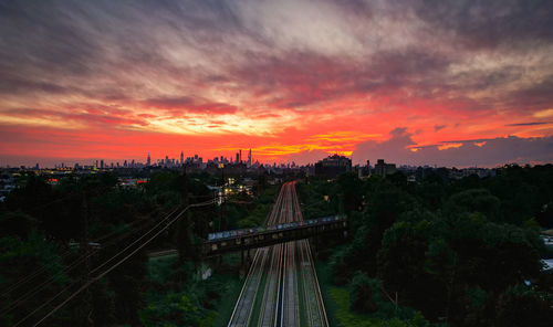 High angle view of cityscape against sky during sunset