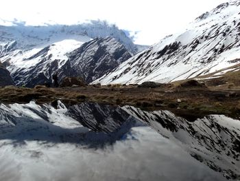 Scenic view of snowcapped mountains against sky