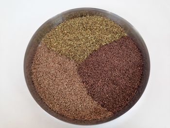 High angle view of bread in bowl against white background