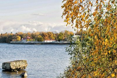 Scenic view of lake against sky during autumn