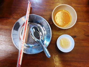 High angle view of breakfast on table