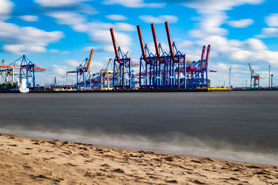 Cranes at commercial dock against sky