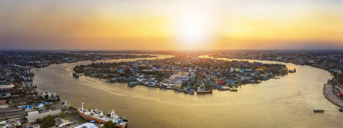 Aerial view of mahachai-tha chalom town in samuth sakorn outskirt bangkok thailand