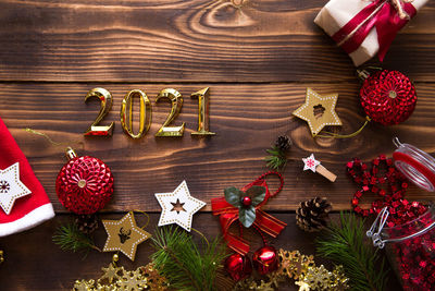 High angle view of christmas decoration on table