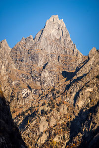 Low angle view of rocky mountains against clear sky