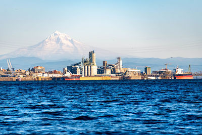 Scenic view of sea and mountains against clear sky