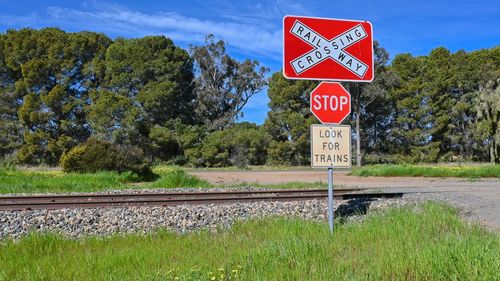 Road sign by railroad tracks against trees