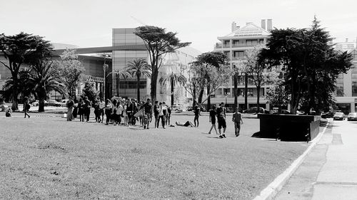 High angle view of people in city