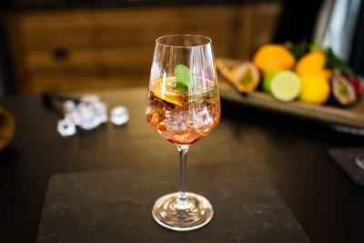 Close-up of wineglass on table