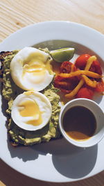 High angle view of breakfast served on table