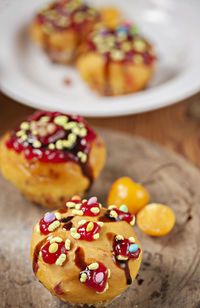 High angle view of dessert on table