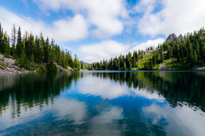 Scenic view of lake by trees against sky