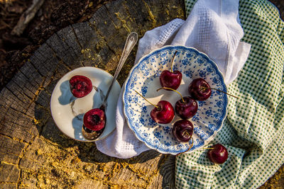 High angle view of breakfast served on table