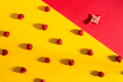 Directly above shot of raspberries on table
