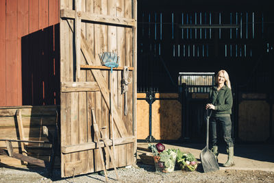 Full length portrait of mature farmer with shovel standing by organic vegetables outside barn