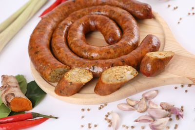 High angle view of meat in plate on table