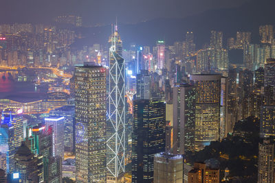 Aerial view of illuminated buildings in city at night