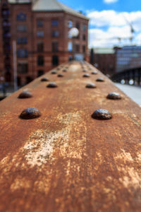 Surface level of table against building in city