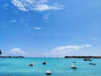 Sailboats in sea against sky