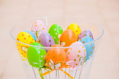 High angle view of multi colored candies in bowl