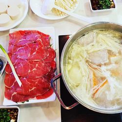 High angle view of food in plate on table