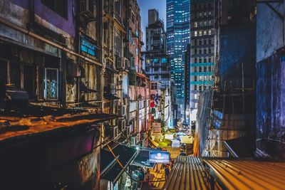 High angle view of city street at night