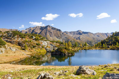 Scenic view of lake and mountains against sky