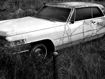 Abandoned car on field