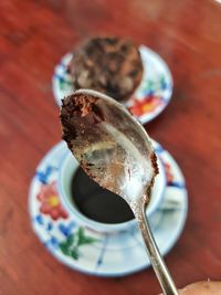 High angle view of dessert in plate on table