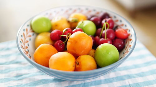 High angle view of fruits in bowl on table