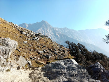 Scenic view of snowcapped mountains against clear sky