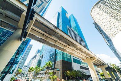 Low angle view of modern buildings against clear blue sky