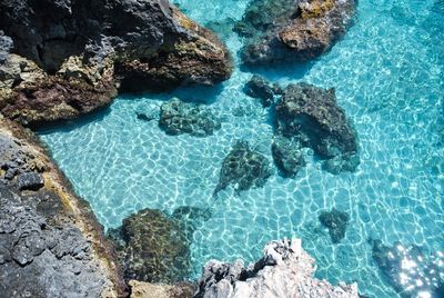 High angle view of rocks in sea